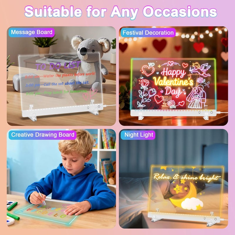 Gift4U Lumi LED Drawing Board with 12 Markers, 13.7"x10" LED Note Board with Colors, 4 Modes & 7 Colors Acrylic Dry Erase Board with Light for Home, Office, Birthday and Christmas Gifts(White) - Image 5